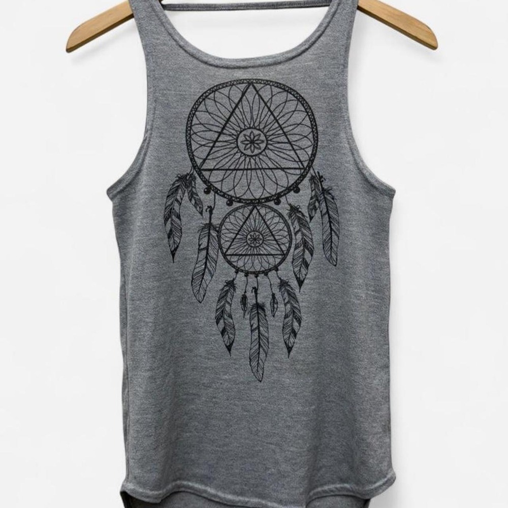 Gray tank top with black dreamcatcher graphic featuring feathers